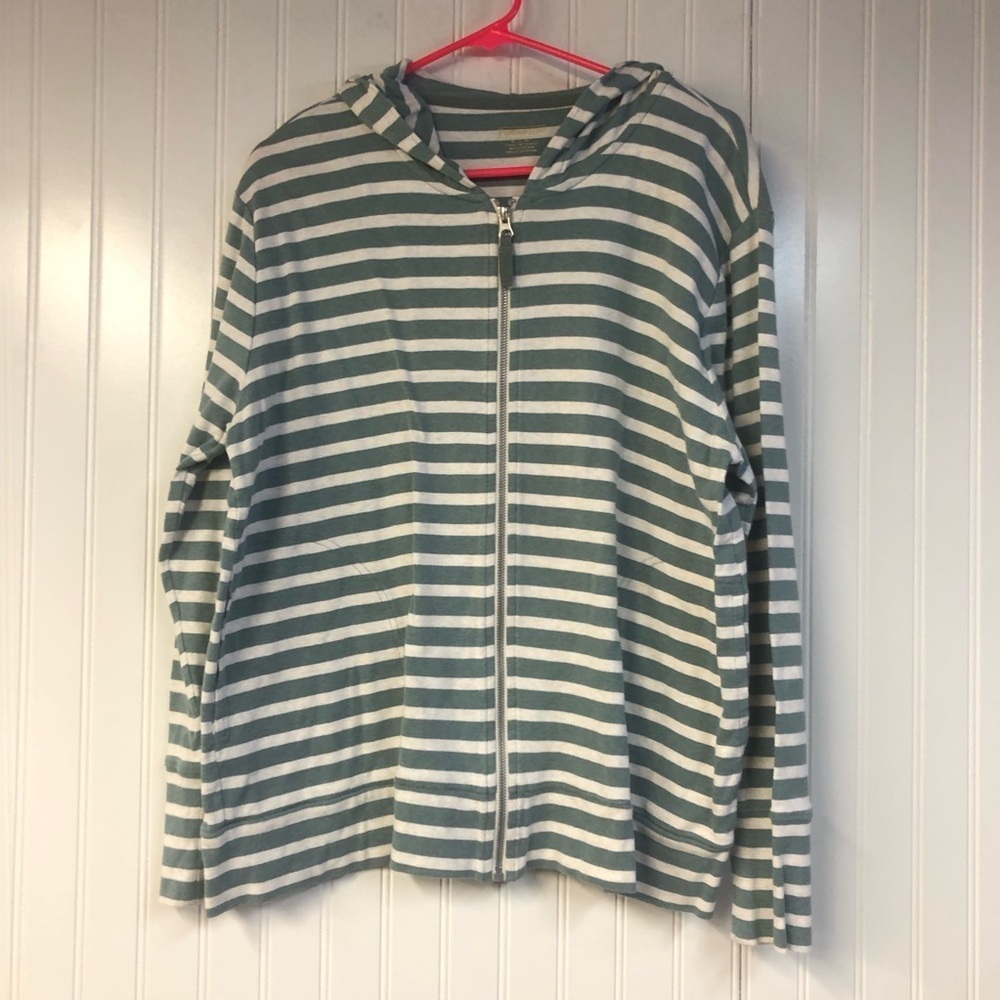 Pendleton Full Zip Up Sweatshirt Hoodie Green White Stripe XL Petite Pockets